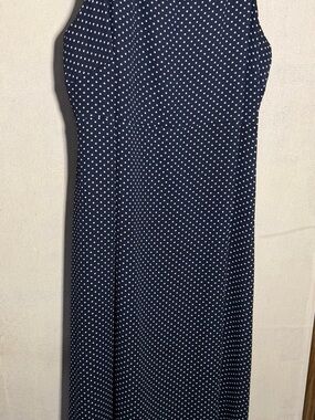 Decked Out Navy Polka Dot Midi Dress Size 14 Spaghetti Strap Flowy A-Line